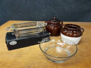 lot 223 image: Bean Pot Crocks, Serving Dish and Bowl