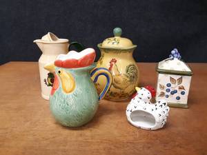 lot 229 image: Lot of Chicken Pitchers, Cookie Jar and More - Tallest is about 11