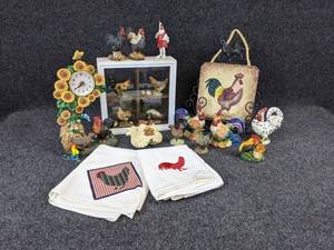 lot 233 image: Lot of Chicken Dcor, Linens, and Figurines - Clock measures about 12 tall
