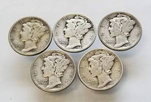 GROUP OF 5 MERCURY DIMES AS PICTURED