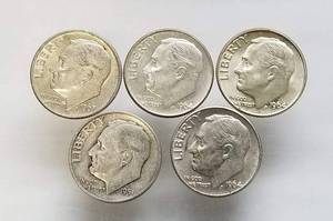 GROUP OF 5 ROOSEVELT 90% SILVER DIMES