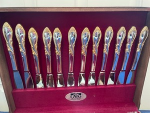 lot 75 image: Silver Plated Flatware Set with Gold Accents