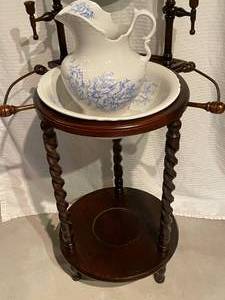 lot 111 image: Ornate Mirrored Wooden Stand With Pitcher and Basin