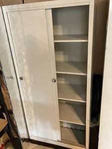 lot 161 image: Vintage White Metal Storage Unit With Sliding Doors