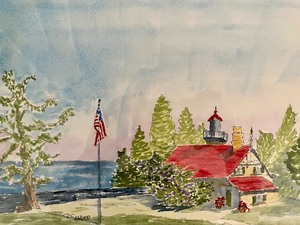 lot 392 image: Original Watercolor of the Eagle Bluff Lighthouse in Door County by Ruth Sander