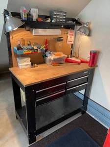 lot 195 image: Kobalt 4 Drawer Work Bench With Raised Pegboard Back and Shelf