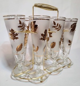 lot 248 image: Vintage Libby Frosted Gold Leaf Glasses and Caddy