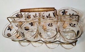 lot 249 image: Vintage Libby Frosted Gold Leaf Wine Glasses and Caddy