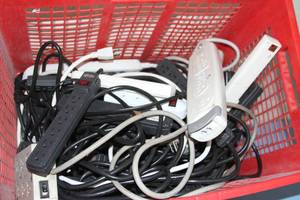 lot 122 image: Large Plastic Bin of Power Distribution AC Power Outlet Strips