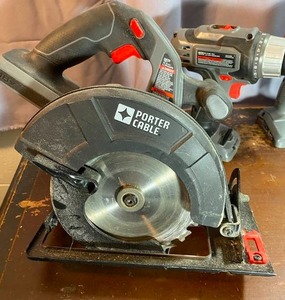lot 187 image: Porter Cable Circular Saw, Sawzall, Drill, Spotlight, 18 Volt Battery & Charger