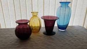 Blenko Purple Vase with Other Colorful Glass Vases