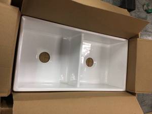 lot 202 image: Bradstreet II Crisp White Fireclay 36 in. 5050 Double Bowl Farmhouse Apron - Front Kitchen Sink by SINKOLOGY
