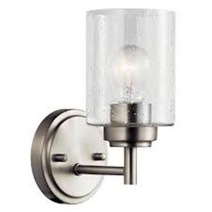 lot 53 image: Winslow 1-Light Brushed Nickel Wall Sconce with Clear Seeded Glass Shade by KICHLER