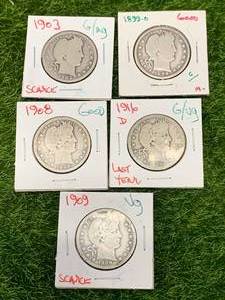 lot 65 image: Lot of 5 Barber Quarters