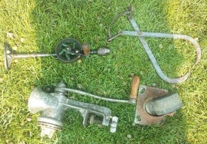 Vintage handrill, Grinder, Ice tongs.