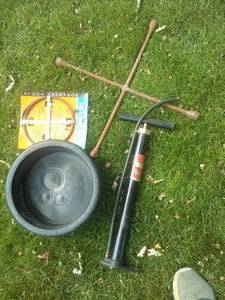 Misc. Garage items. pump, tire iron, dog bowl, drain snake.