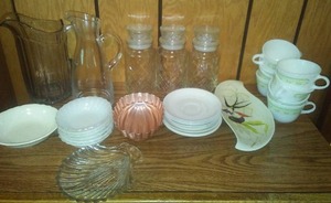 Vintage Pyrex Coffee Cups (8) and more. Red Wing Curved Platter.