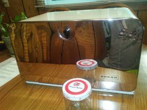Vintage Pantry Queen Bread Box and Red Owl Peanut Butter Jar.