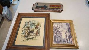 lot 54 image: Framed Bruton Parish Church--Framed New Orleans Street Picture--Wooden Picture Of Gen. Washington by Wm Morris