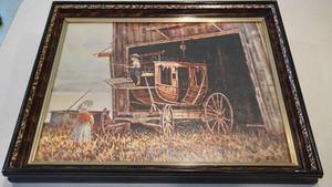 lot 55 image: Framed Picture Of Boy Standing On Stagecoach & Girl Standing In The Tall Grass
