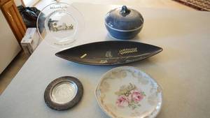 lot 56 image: Heavy Casserole Dish W Cover--Hand Malet Tray--Floral Plate-Haysal Crystal--Ash Tray