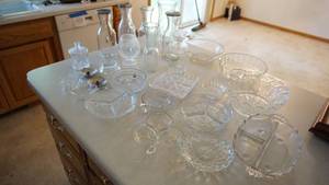 lot 60 image: Miscellaneous Glass Items--Vases--Serving Bowls--Relish Trays Or Vegetable Trays--Candle Holders