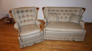 lot 1 image: Antique Love Seat Rocker--Two Pillows to Match--With An Antique Matching Rocker