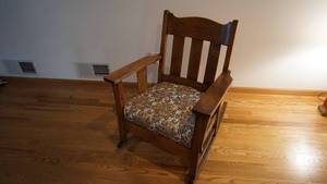 lot 2 image: Antique Wooden Rocker--Floral Padded Cushion Seat