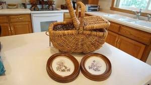 lot 9 image: Wicker Picnic Basket Or Sewing Item Basket---Two Little Girls--3D Oval Framed Pictures
