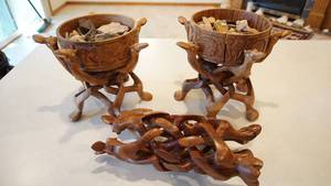 lot 10 image: 3 Wooden Vintage Foldable Cobra Stands W Wooden Bowls On Top