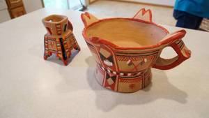 lot 17 image: Hand Painted Candle Holder From India--Hand Painted Pottery Bowl From India