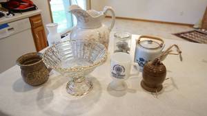 lot 26 image: Pedestal Gold Rimmed Glass Fruit Bowl--Porcelain Water Pitcher--Teapot--Bud Vase--Pottery Mug--Glass Candle Holder
