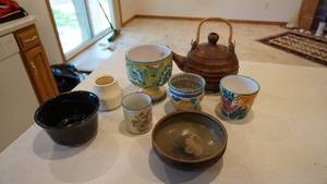 lot 31 image: Antique Clay Decorative Pottery Teapot--Small Vase--Three Colorful Different Size Containers (Made In Italy)--Two Brown Bowls