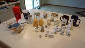 lot 35 image: Miscellaneous Salt & Pepper Shakers--Coffee Cups--Creamer & Sugar Sets--Lg Red Drink Glass