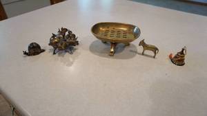 lot 39 image: Brass Soap Dish-Brass Snail Container For Rings, Etc.-Brass Donkey-Small Bell- Antique Indian Ceremonial Brass Kumkum Box