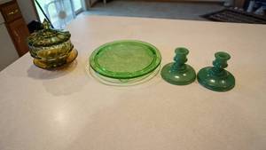 lot 62 image: Two Green Vintage Candle Holders-Authentic Green Fenton Homemade Candy Dish WCover-Gold Glass Candy Dish-Green Glass Serving Tray