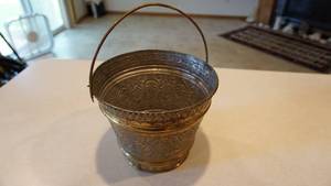 lot 66 image: Antique Brass Embossed Bucket--8 12 Round  x  7 14 Tall