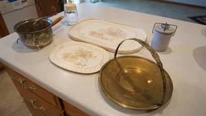 lot 70 image: Melamine Tray--Matching Small Oval Tray--Brass Serving Tray W Handle--Antique Grinder-Nut Chopper--Crock