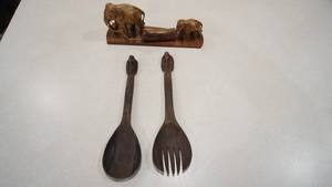 lot 93 image: Vintage Wooden Fork & Spoon-12 Tall--Wooden Momma & Baby Elephant On A Base