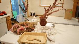lot 94 image: Glass Vase--11  T--Round Glass Vase--8 14 T  x  7 W-Round Ceramic Decorative Tea Lite Holder-Wicker W Cloth Inside, Etc