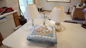 lot 101 image: Two Vintage Milk Glass Bedroom Lamps--Glass W Gold Trim Bedroom Lamp WShade--Blue Baby Pillow That Has A Matching Folded Baby Quilt Inside