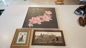 lot 105 image: Yiti Art Gallery L.L.C. Framed Picture Of A Christmas Candle--Framed Picture Of Amsterdam Canal Houses--Silver Framed Picture Of Flowers