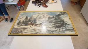 lot 106 image: Gold Framed Picture Of A Cabin In The Snow & Mountains