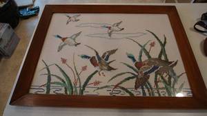 lot 108 image: Framed Homemade Hand Embroidered 5 Ducks Flying W Water Weeds & Clouds, Etc---28 34 Tall  x  37 12 Wide