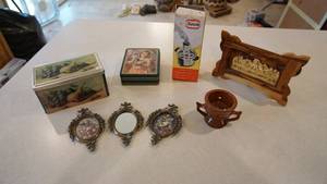 lot 115 image: Wooden-Al-Afaghani Bazar Oriental Gift-Jerusalem-Three Framed Floral Pictures-Two Tin Containers-Tea Lite Holder