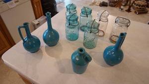 lot 116 image: Six Ball Fruit Jars-Three Pottery Turquoise Decorative Handled Bud Vases-Turquoise Pottery Jug