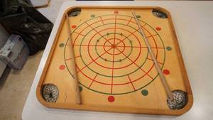 lot 129 image: Vintage 2 Sided Carrom Game Board With Mesh Corner Pockets