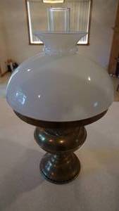 lot 132 image: Vintage Brass Kerosene Lamp W White Shade & Clear Glass Chimney