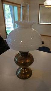 lot 133 image: Vintage Brass Kerosene Lamp W Milk Glass Shade & Clear Glass Chimney