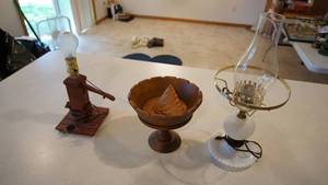 lot 136 image: Vintage Wooden Electric Lamp-(No Shade)-Wooden Pedestal Fruit Bowl-Electric Milk Glass Lamp With Clear Glass Chimney
